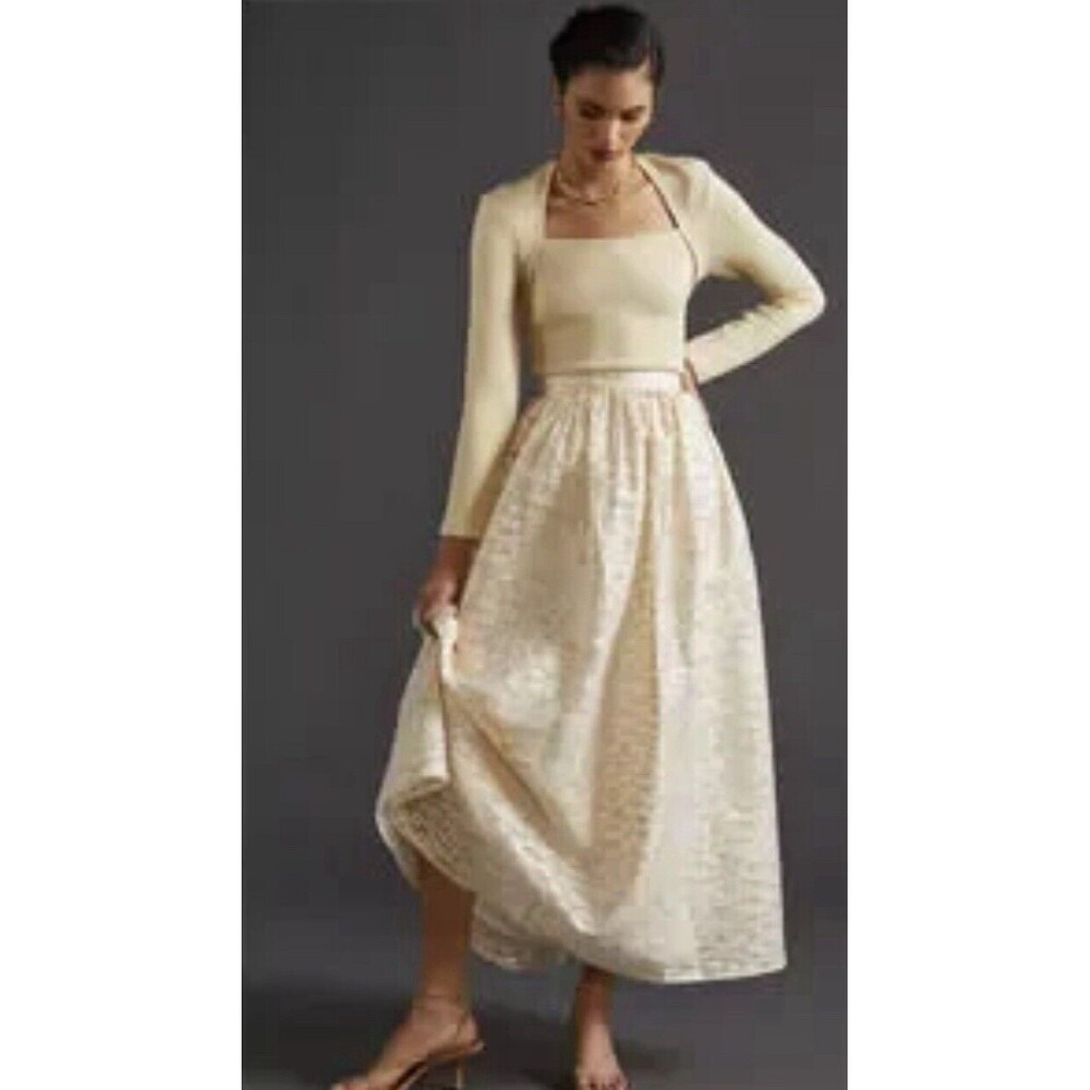 Anthropologie Pankaj & Nidhi Women Maxi Skirt Ivory Burnout Shimmer Preppy Sz M
